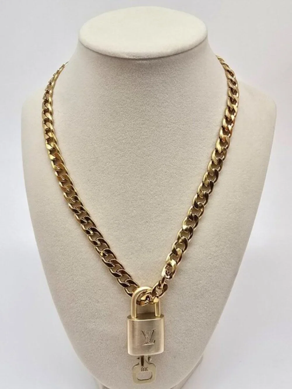 Authentic Louis Vuitgon Gold Padlock Pendant w/ Unbranded Cuban Stainless Steel